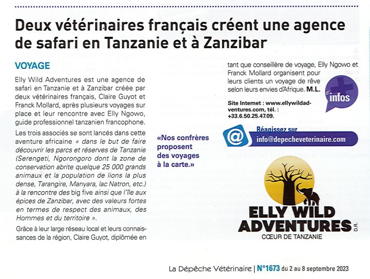 Article sur Elly Wild Adventures paru dans la Dépêche du Vétérinaire.